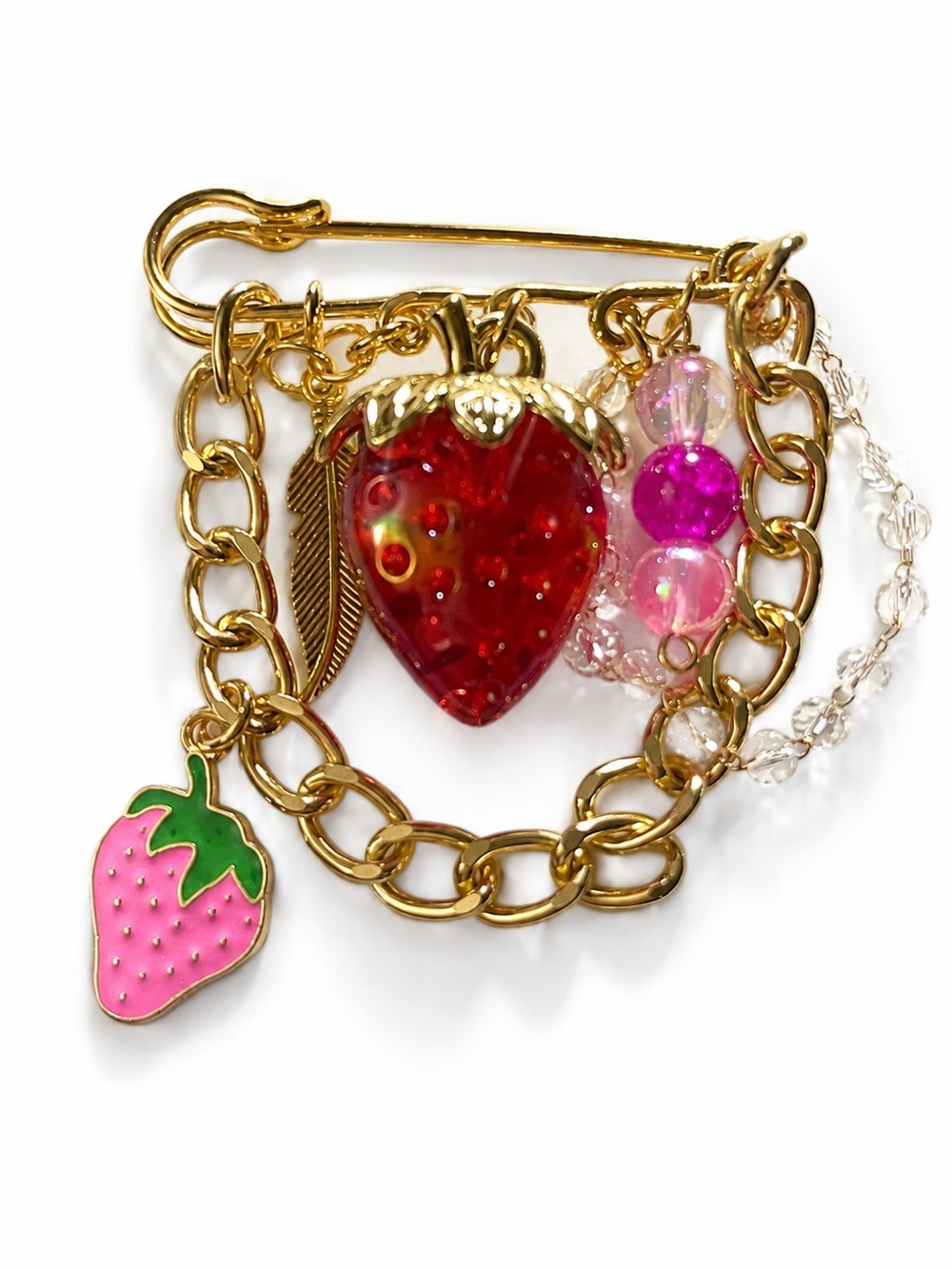 Strawberry Charm Safety Pin Brooch - Red & Pink Accents